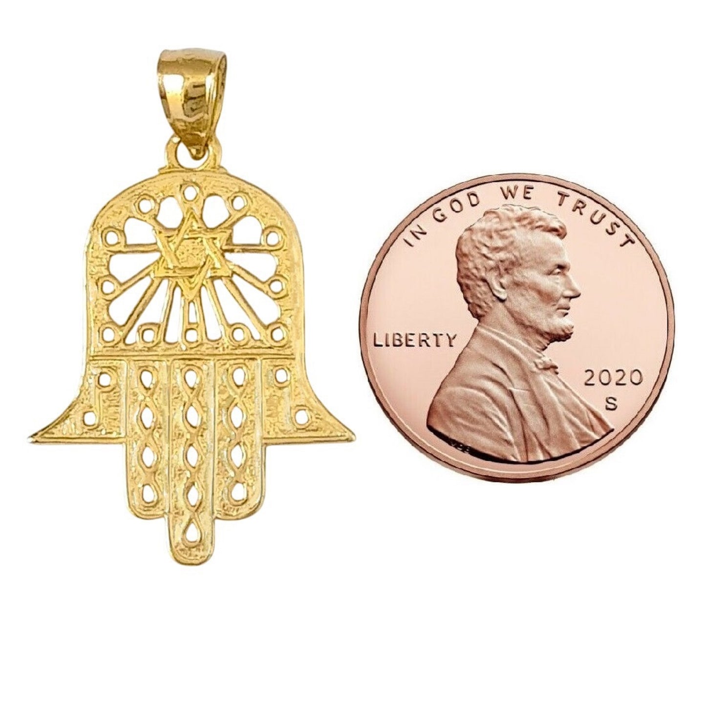 14K Yellow Gold Hamsa Hand with Star of David Pendant