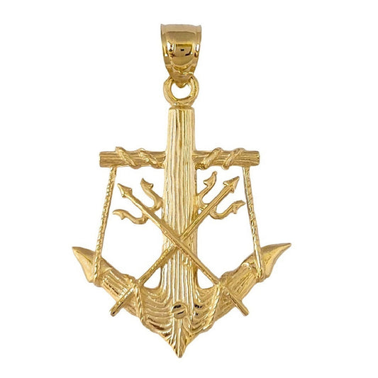 14K Yellow Gold Anchor with Trident 3D (3 Dimensional) Solid Pendant