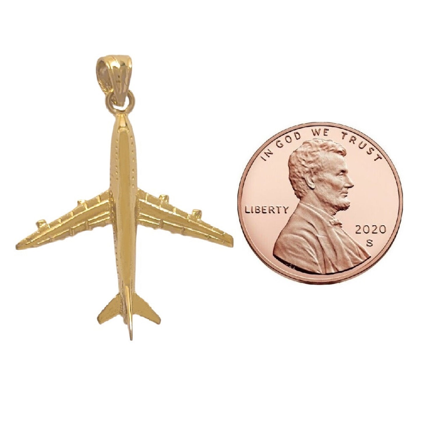 14k Yellow Gold Airplane 3D (3 Dimensional) Solid Pendant