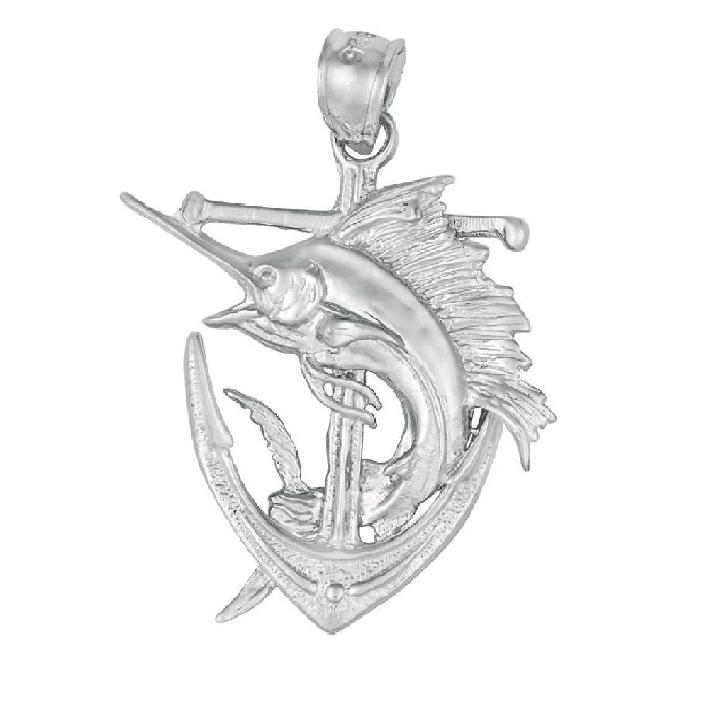 925 Sterling Silver Anchor w/ Blue Marlin 3D Solid Pendant