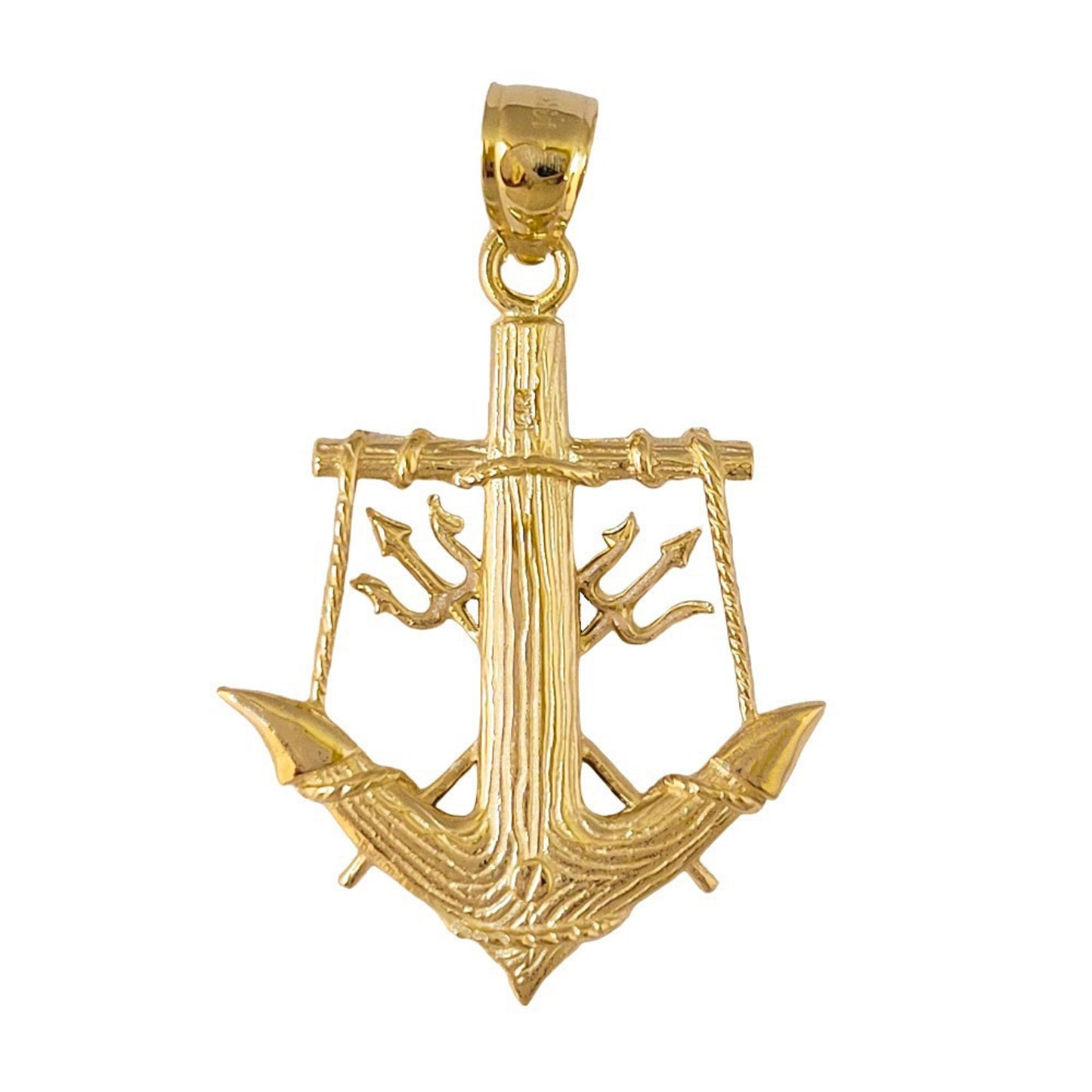 14K Yellow Gold Anchor with Trident 3D (3 Dimensional) Solid Pendant
