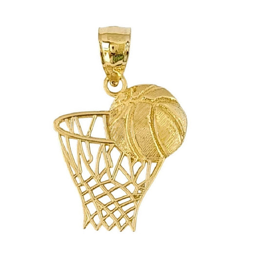 14K Yellow Gold Basketball Basket, Hoop with Ball Pendant