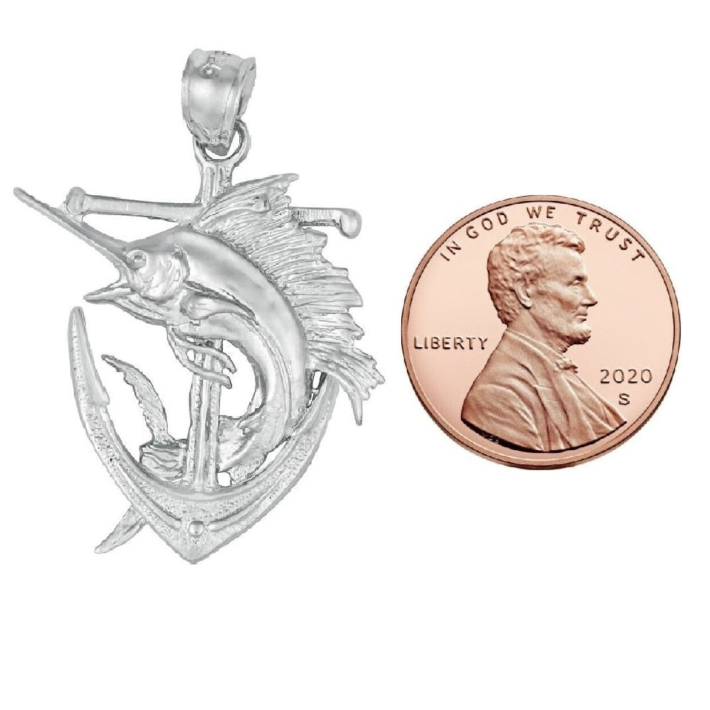 925 Sterling Silver Anchor w/ Blue Marlin 3D Solid Pendant