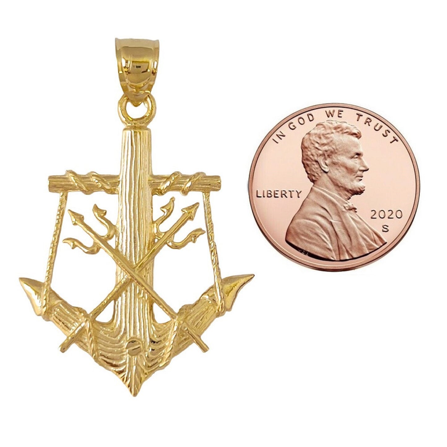 14K Yellow Gold Anchor with Trident 3D (3 Dimensional) Solid Pendant