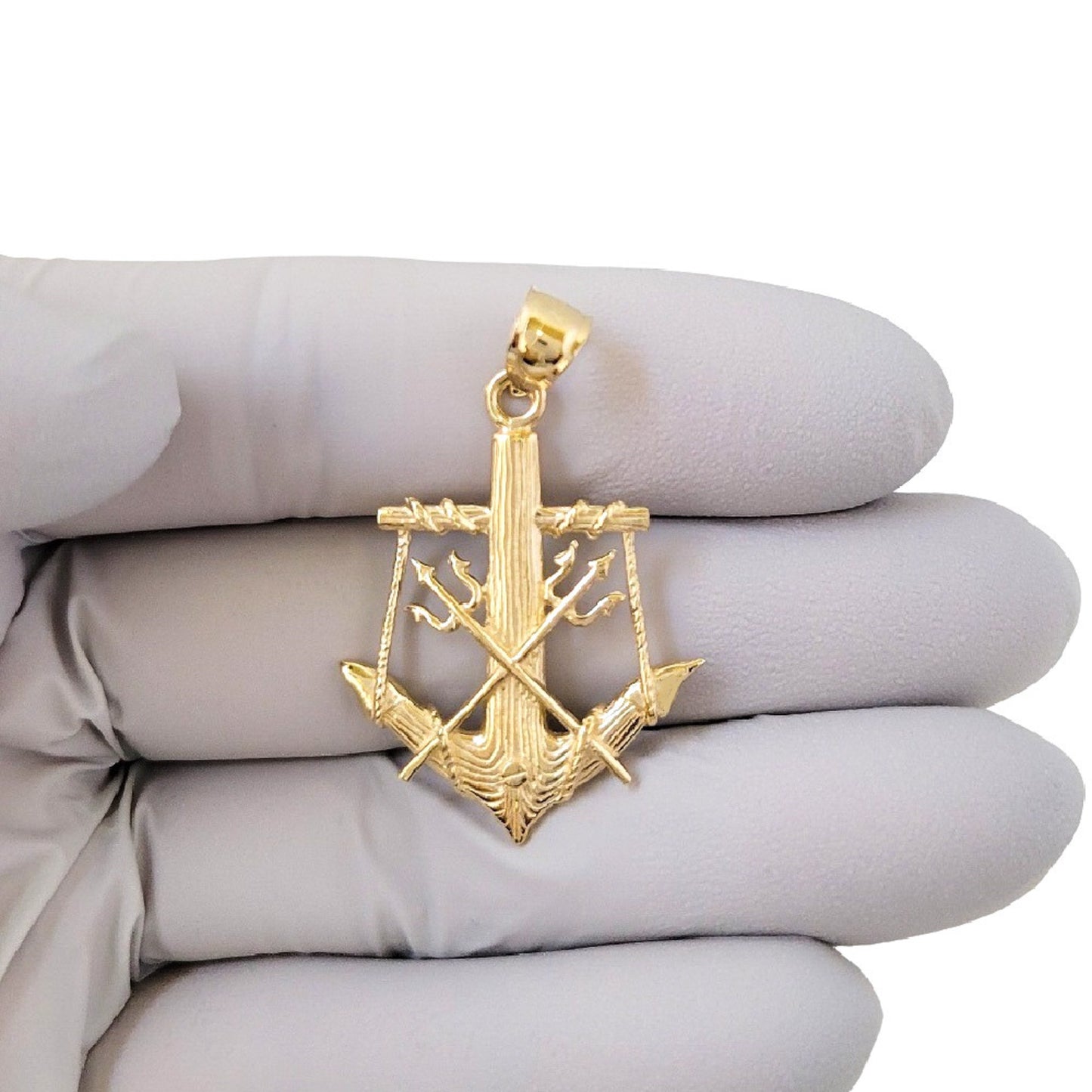 14K Yellow Gold Anchor with Trident 3D (3 Dimensional) Solid Pendant