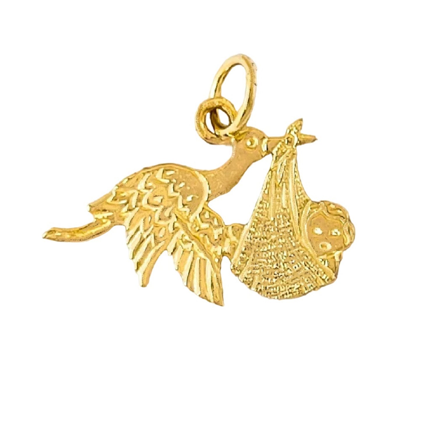 14k Yellow Gold Stork Bird with Newborn Baby Pendant