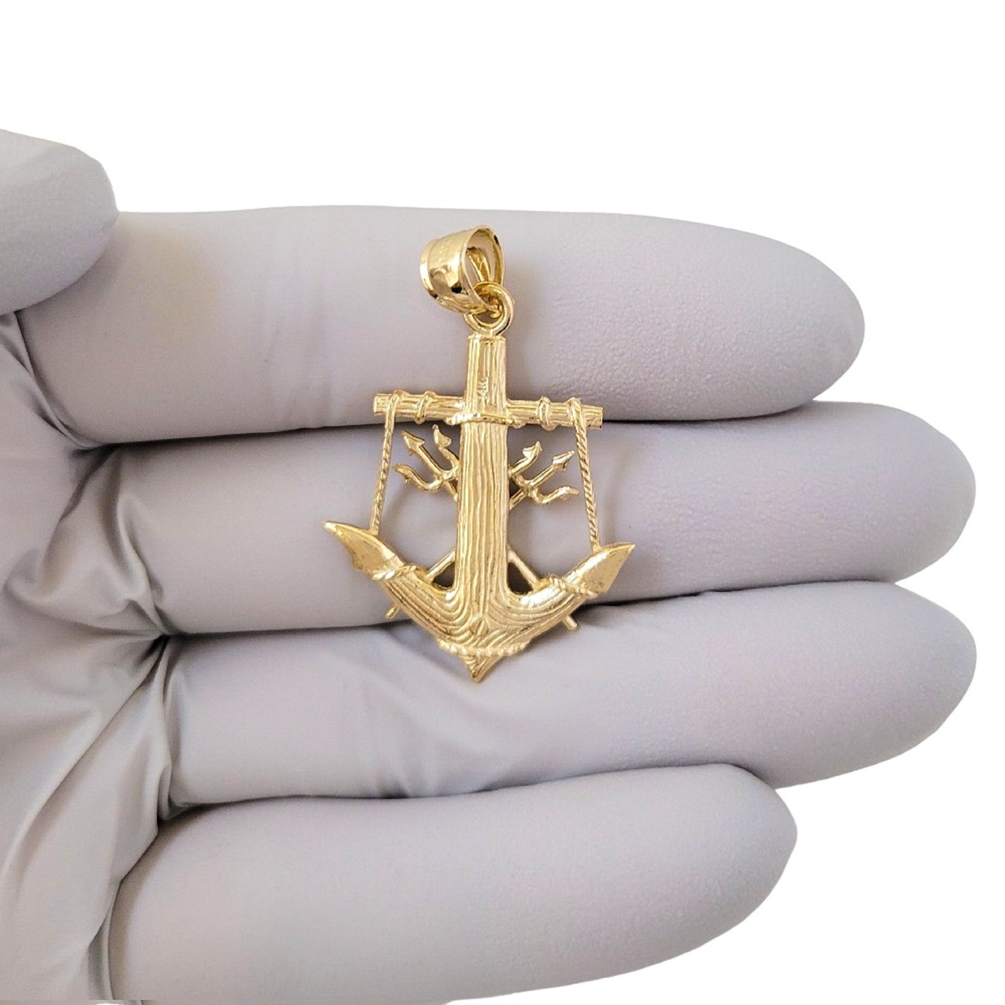 14K Yellow Gold Anchor with Trident 3D (3 Dimensional) Solid Pendant