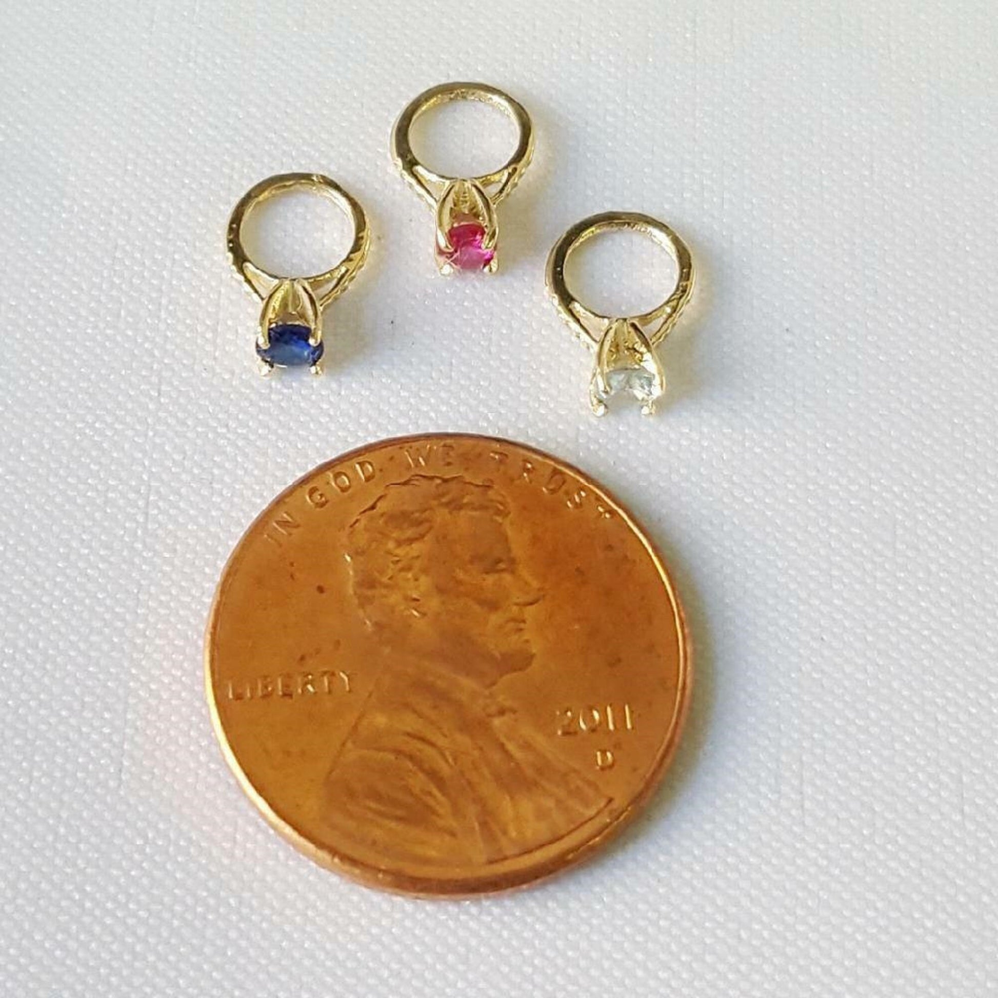 Real 14K Yellow Gold Small Ring Charm Pendant w/ Pearl or Birthstone Colored Cubic Zirconia Stone