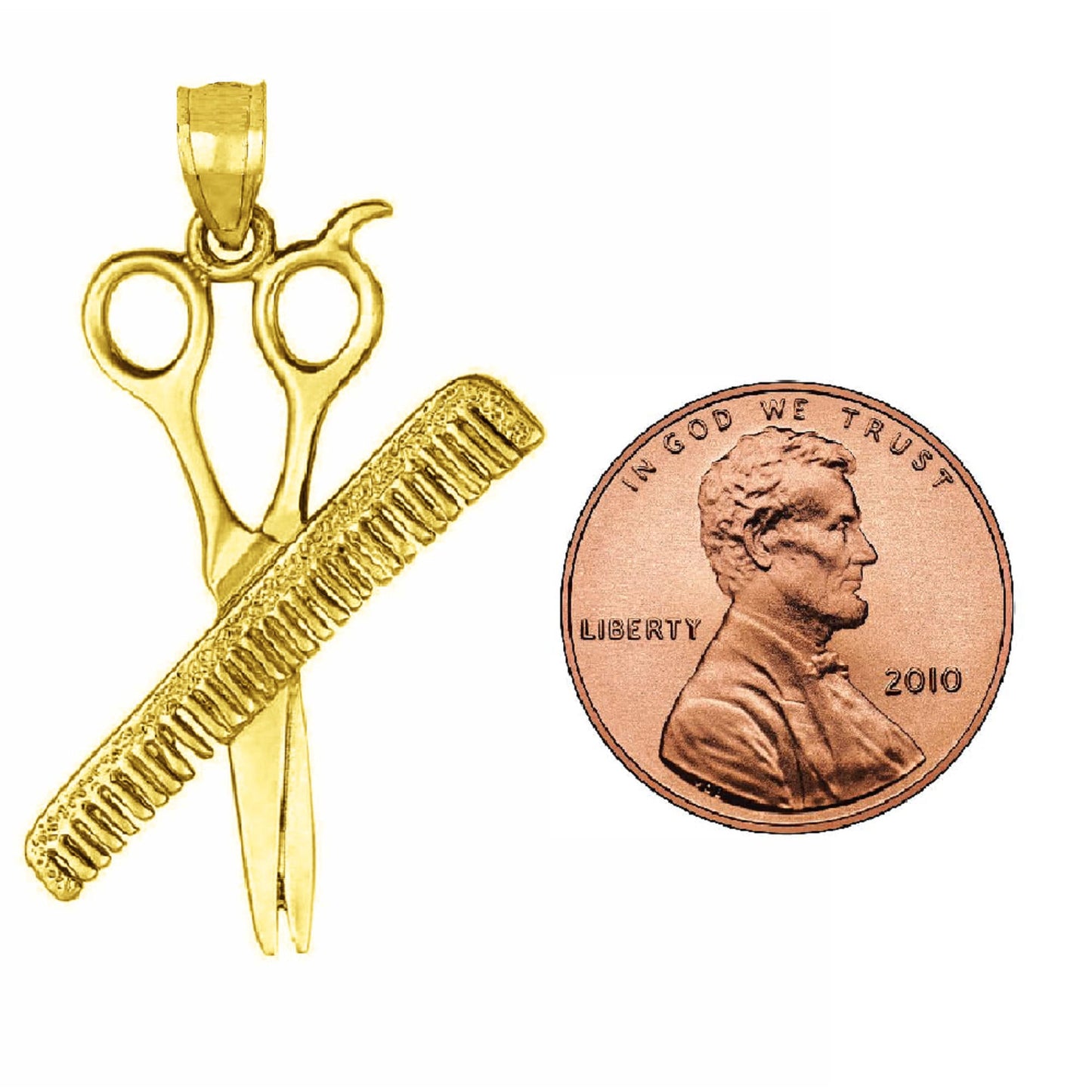 14K Yellow Gold BARBER SCISSORS & COMB 3D (3 Dimensional) Pendant