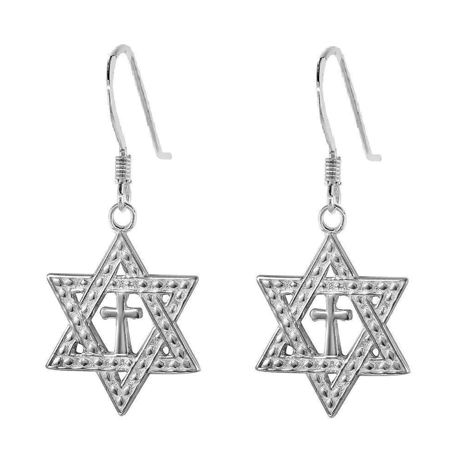Sterling Silver Star Of David with Cross Dangle Earrings