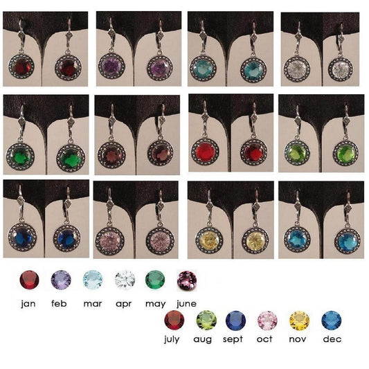 Sterling Silver Earrings w/ 8mm Round Cut Birthstone Cubic Zirconia Stone