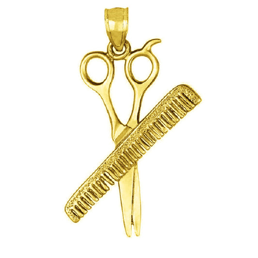 14K Yellow Gold BARBER SCISSORS & COMB 3D (3 Dimensional) Pendant