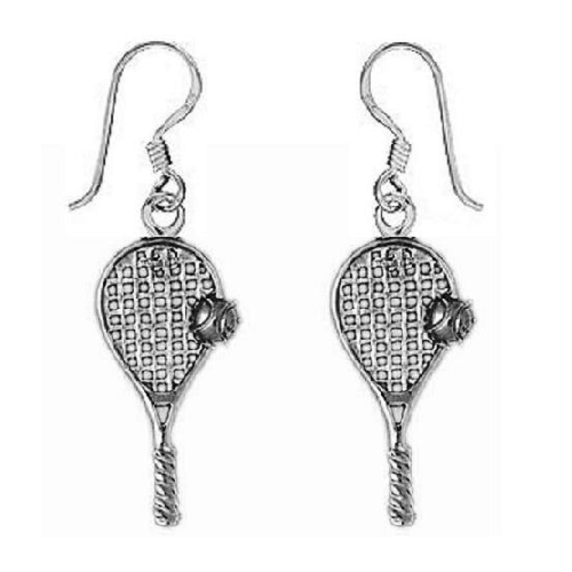 Sterling Silver Tennis Racket & Ball Dangle Earrings