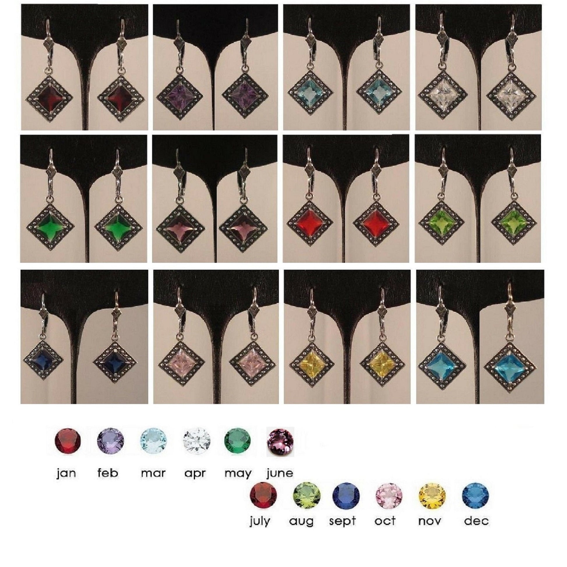 Sterling Silver Earrings w/ 6mm Square Cut Birthstone Cubic Zirconia Stone