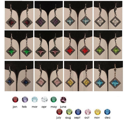 Sterling Silver Earrings w/ 6mm Square Cut Birthstone Cubic Zirconia Stone