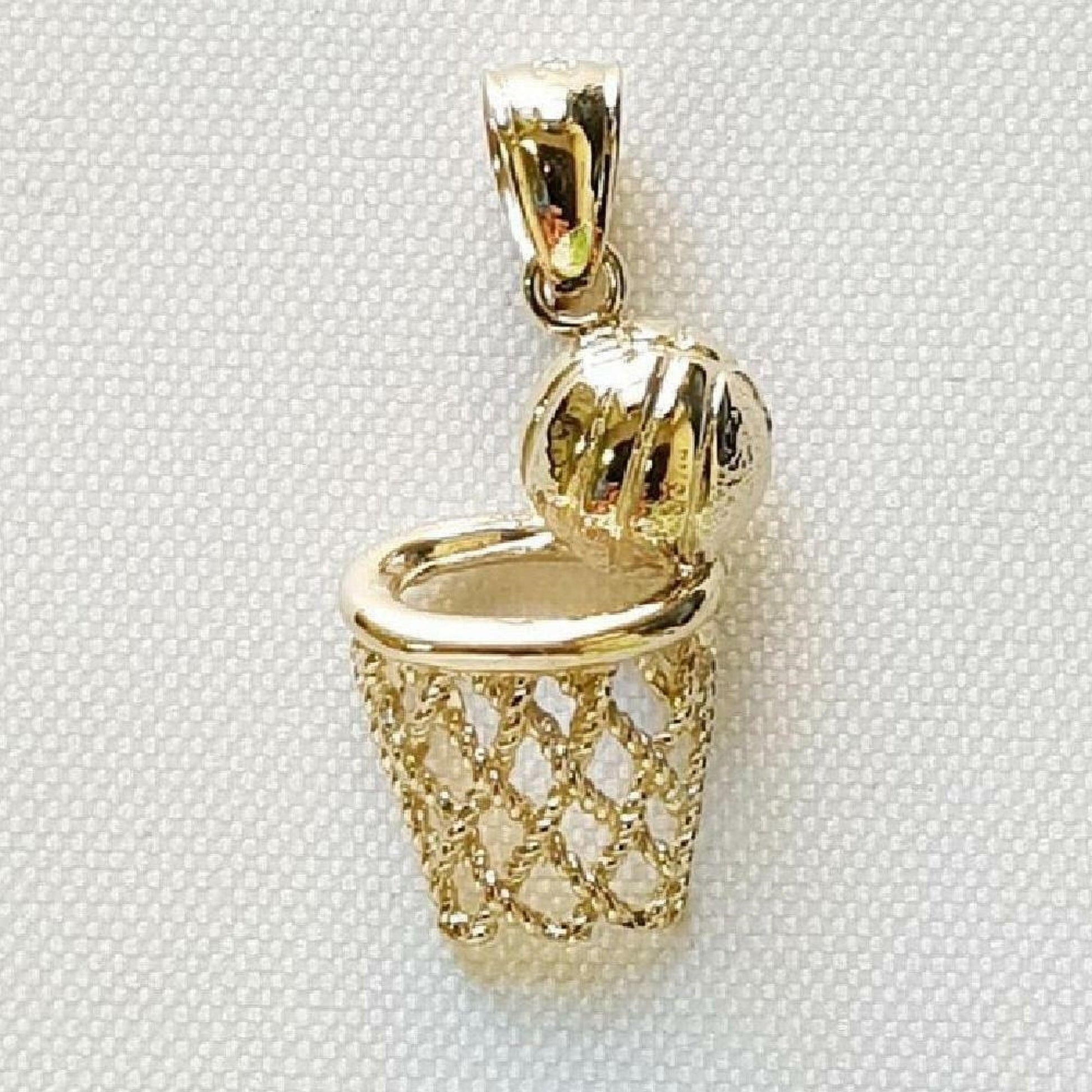 14K Yellow Gold Basketball Basket, Hoop w/ Ball Pendant
