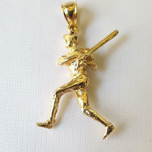 14K Yellow Gold Baseball Player Batter 3D Solid Pendant