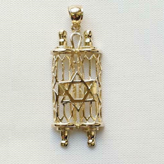 14K Yellow Gold Mezuzah Torah Scroll w/ Star of David Pendant