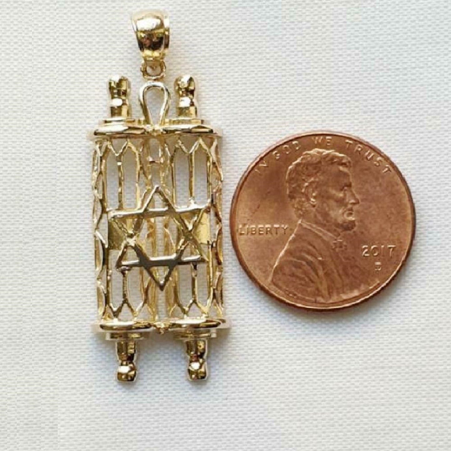 14K Yellow Gold Mezuzah Torah Scroll w/ Star of David Pendant