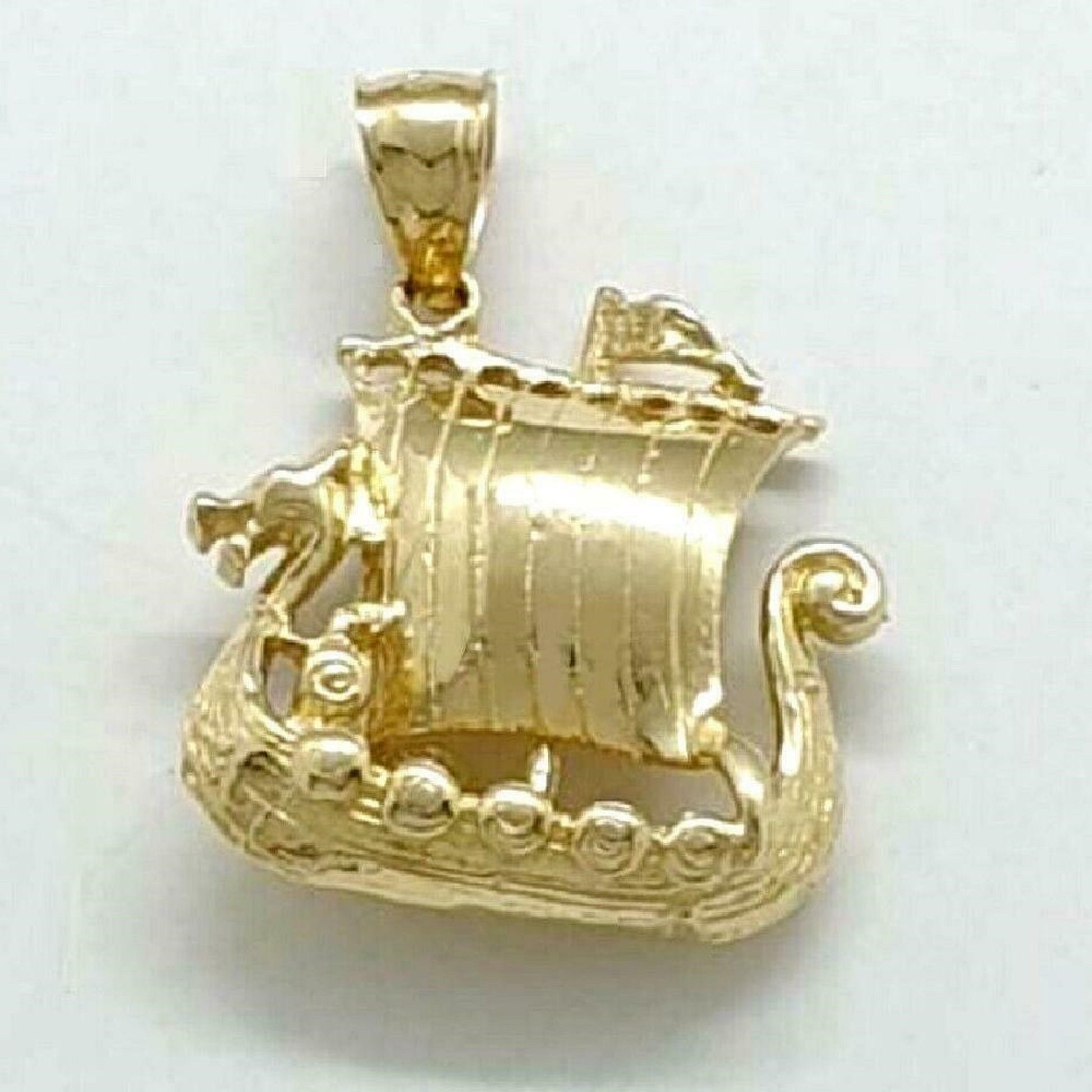 14K Yellow Gold Viking Pirate Ship 3D Pendant