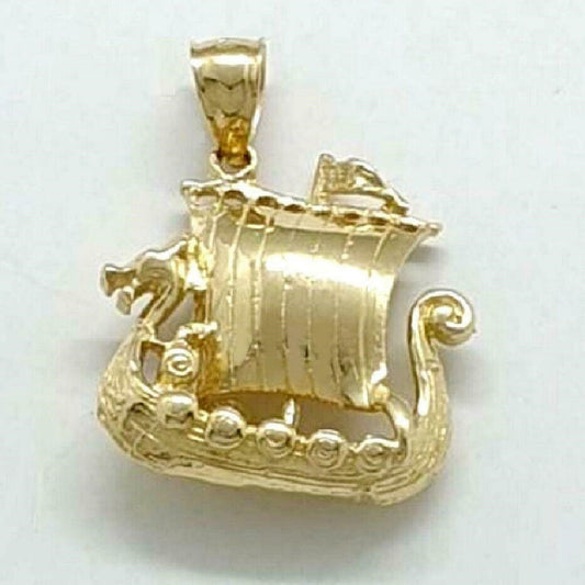 14K Yellow Gold Viking Pirate Ship 3D Pendant