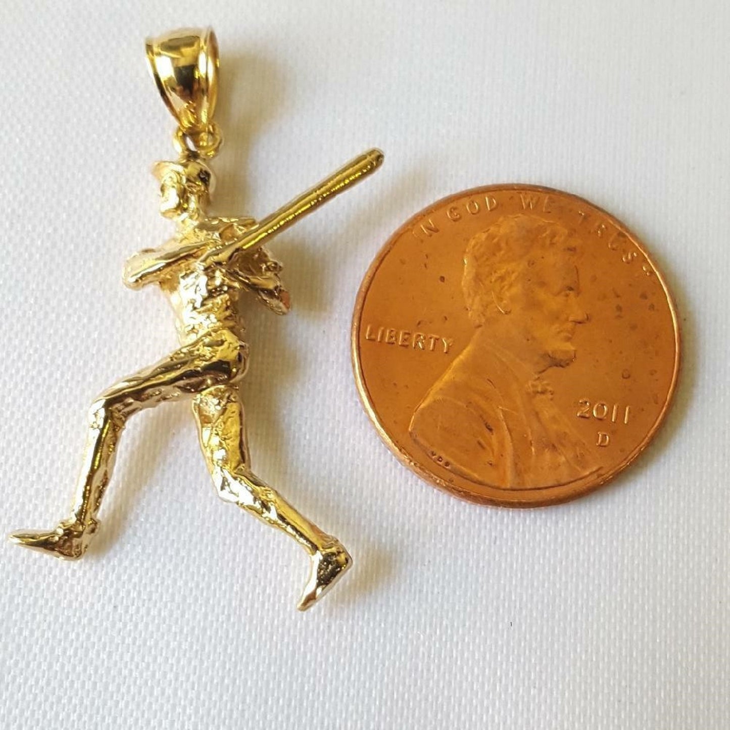 14K Yellow Gold Baseball Player Batter 3D Solid Pendant