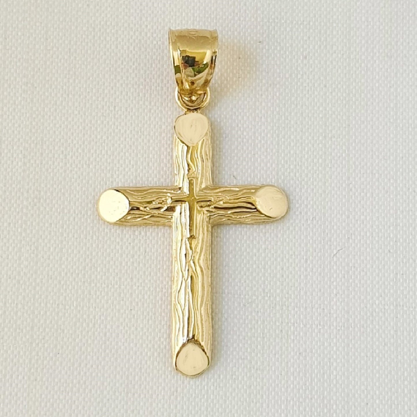 14k Yellow Gold Wooden Style Cross Pendant