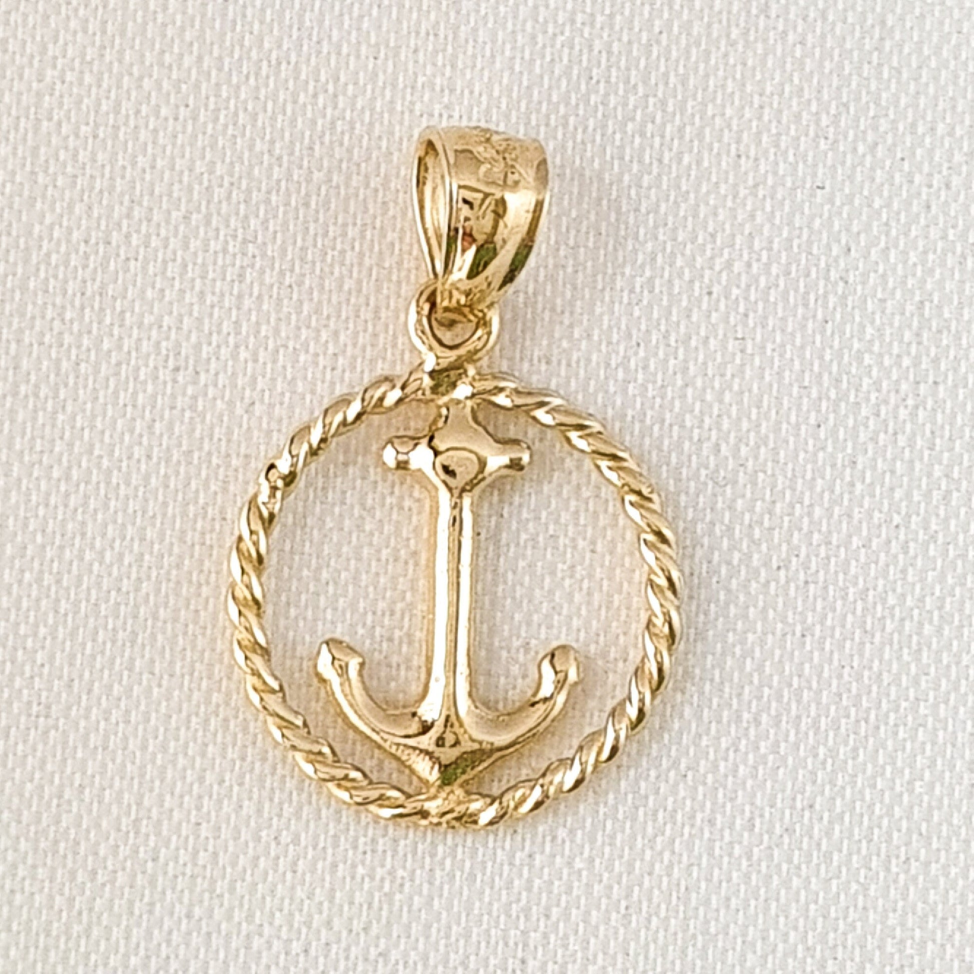 14K Yellow Gold Anchor with Rope 3D Solid Pendant