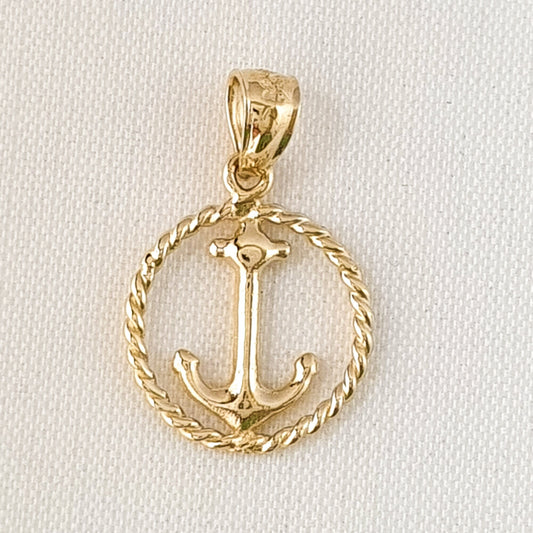 14K Yellow Gold Anchor with Rope 3D Solid Pendant