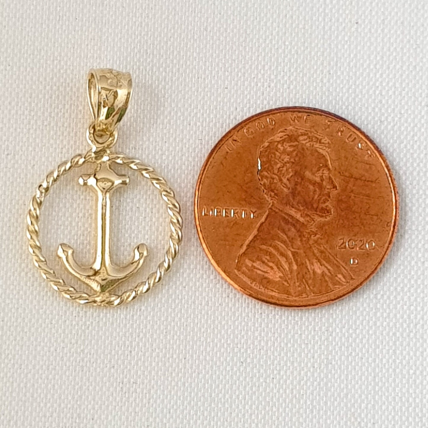 14K Yellow Gold Anchor with Rope 3D Solid Pendant