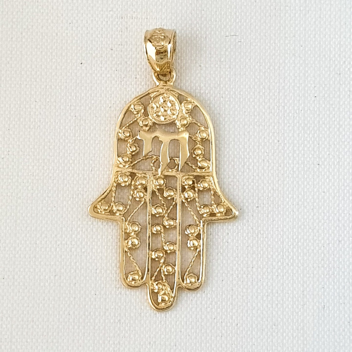 14K Yellow Gold Hamsa Hand with Chai Pendant