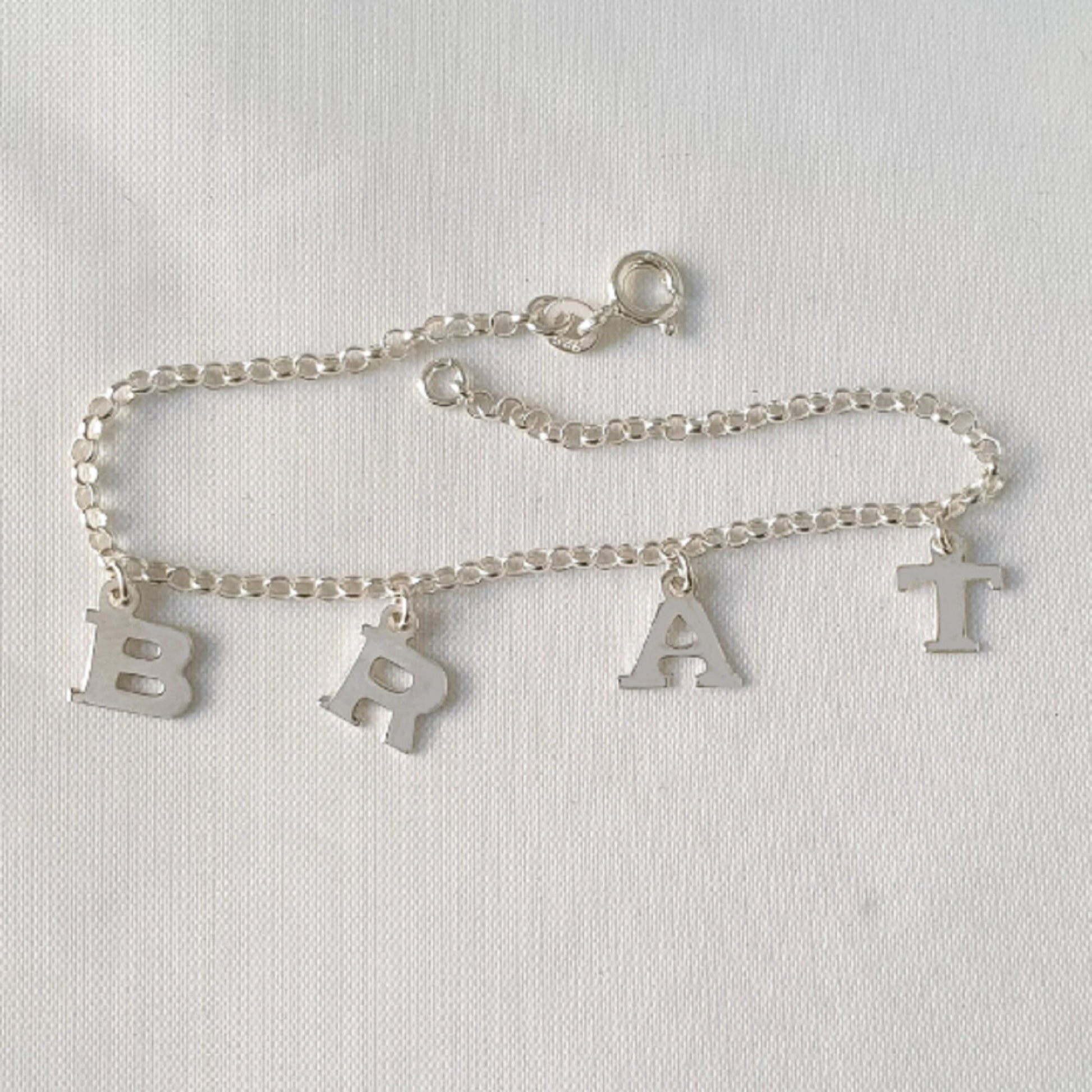 925 Sterling Silver Dangling BRAT Link Chain Anklet Bracelet