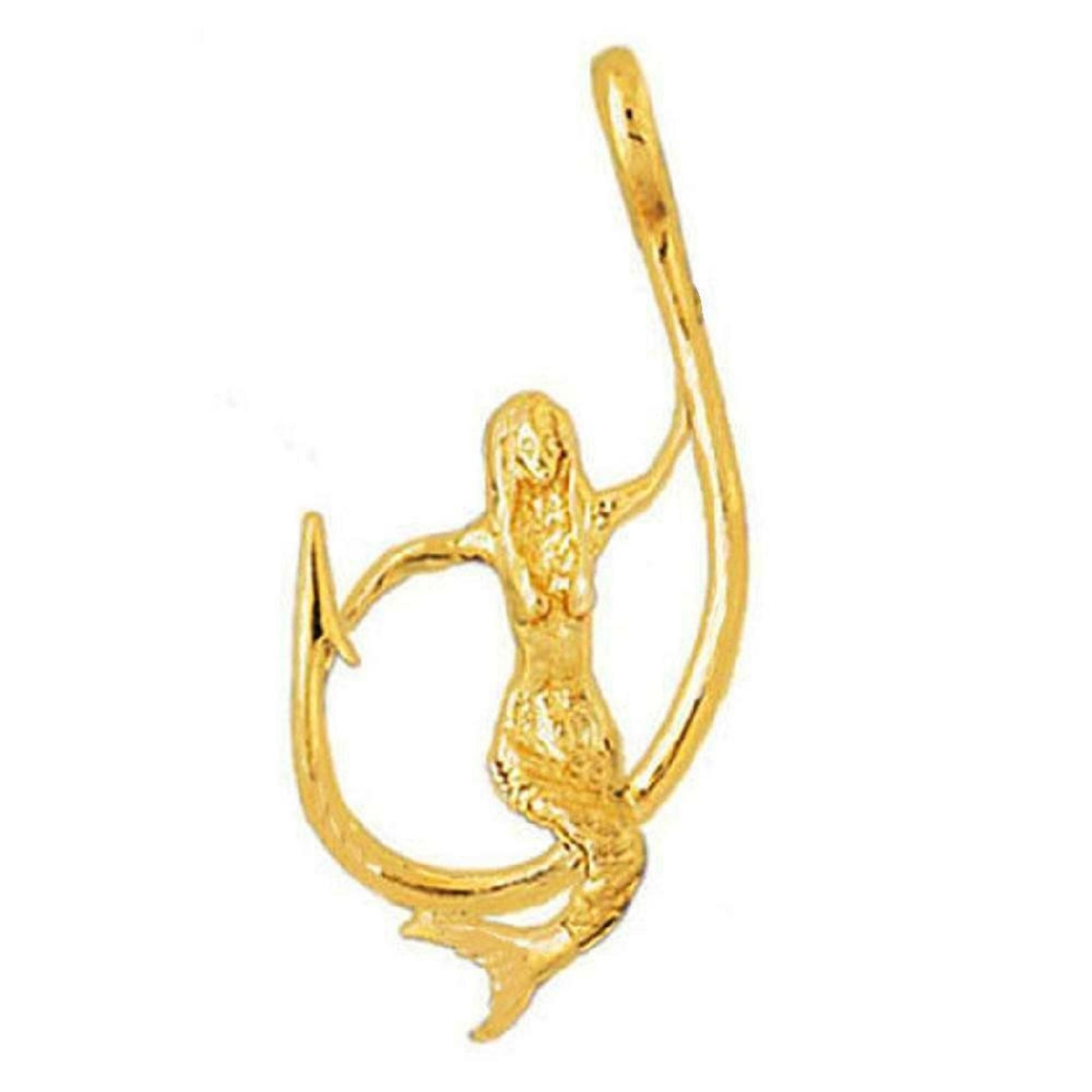 14K Yellow Gold Mermaid with Fish Hook Pendant