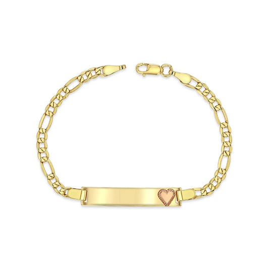 14K Yellow Gold 3.5 mm Figaro Chain Baby ID Bracelet w/ Rose Gold Heart, 3 gram