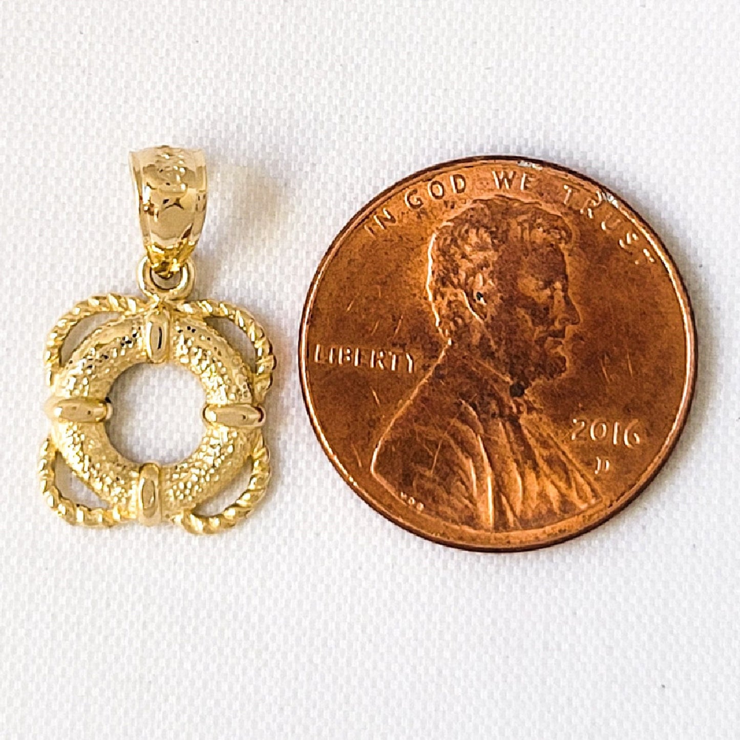 14k Yellow Gold Life Saver Ring with Rope Trim Pendant