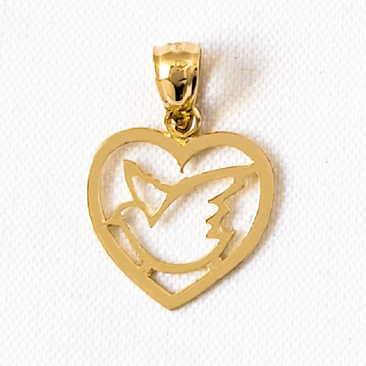 14k Yellow Gold Heart with Dove Bird Pendant