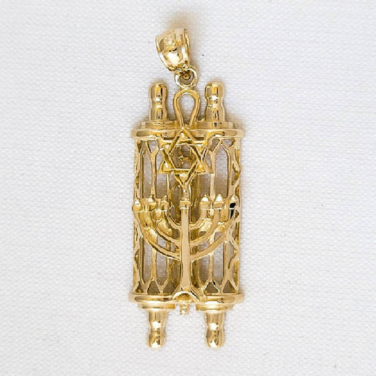 14K Yellow Gold Jewish Mezuzah Torah Scroll with Star of David & Menorah Pendant