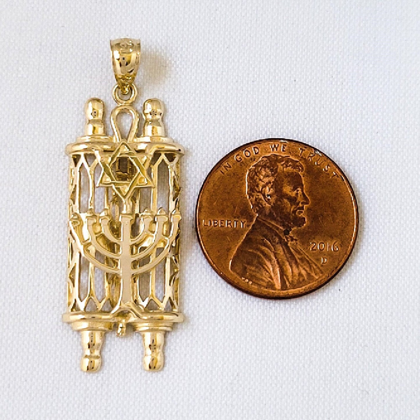 14K Yellow Gold Jewish Mezuzah Torah Scroll with Star of David & Menorah Pendant