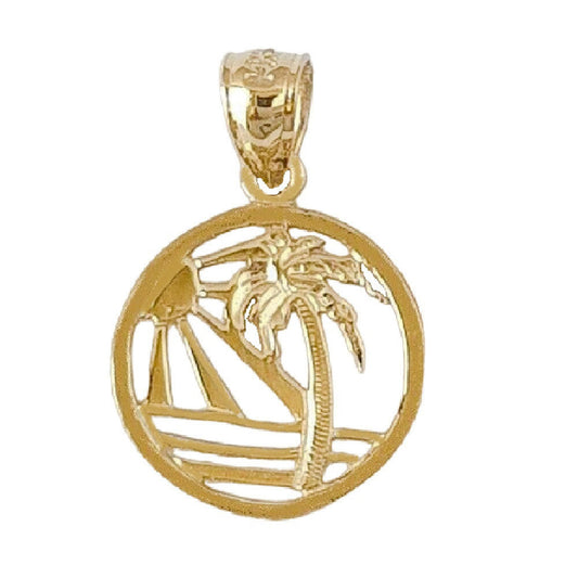 14K Yellow Gold Sunset Beach Scene Palm Tree Pendant