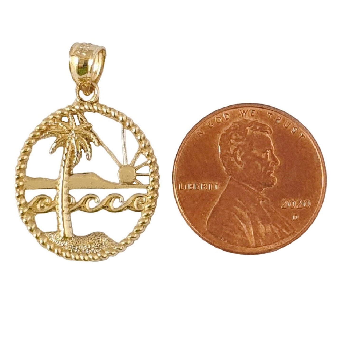 14K Yellow Gold Beach Scene Palm Tree Pendant