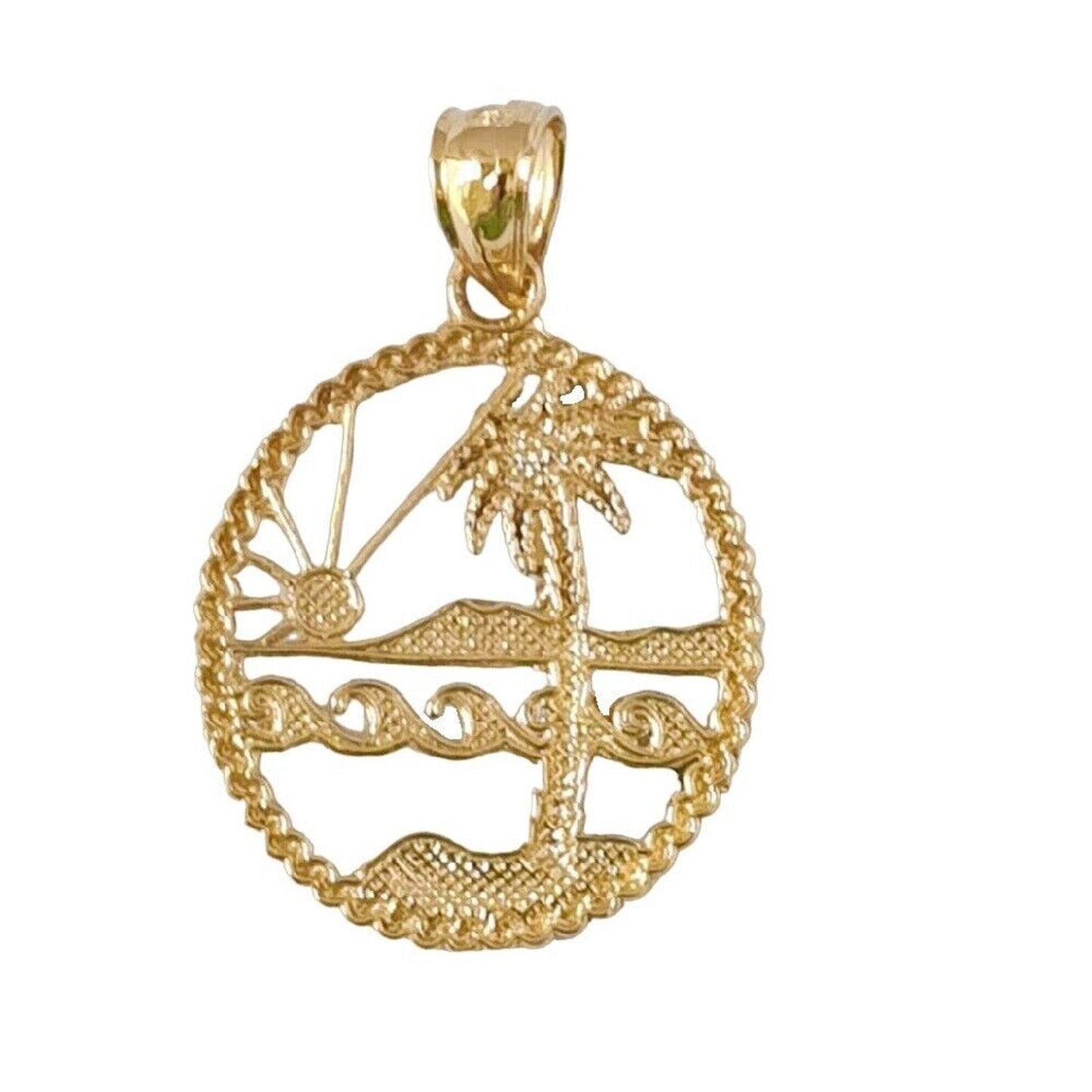 14K Yellow Gold Beach Scene Palm Tree Pendant
