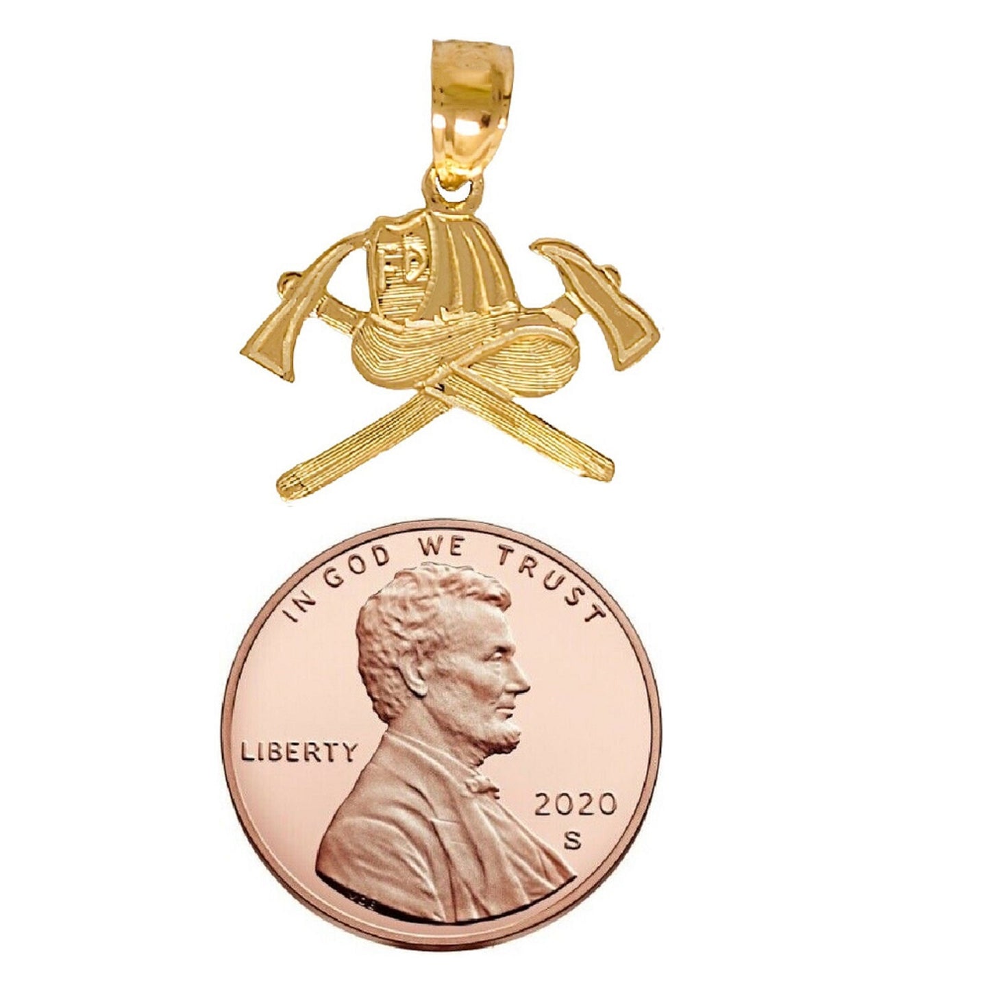 14k Yellow Gold Firefighter Fireman's Axe and Helmet Pendant