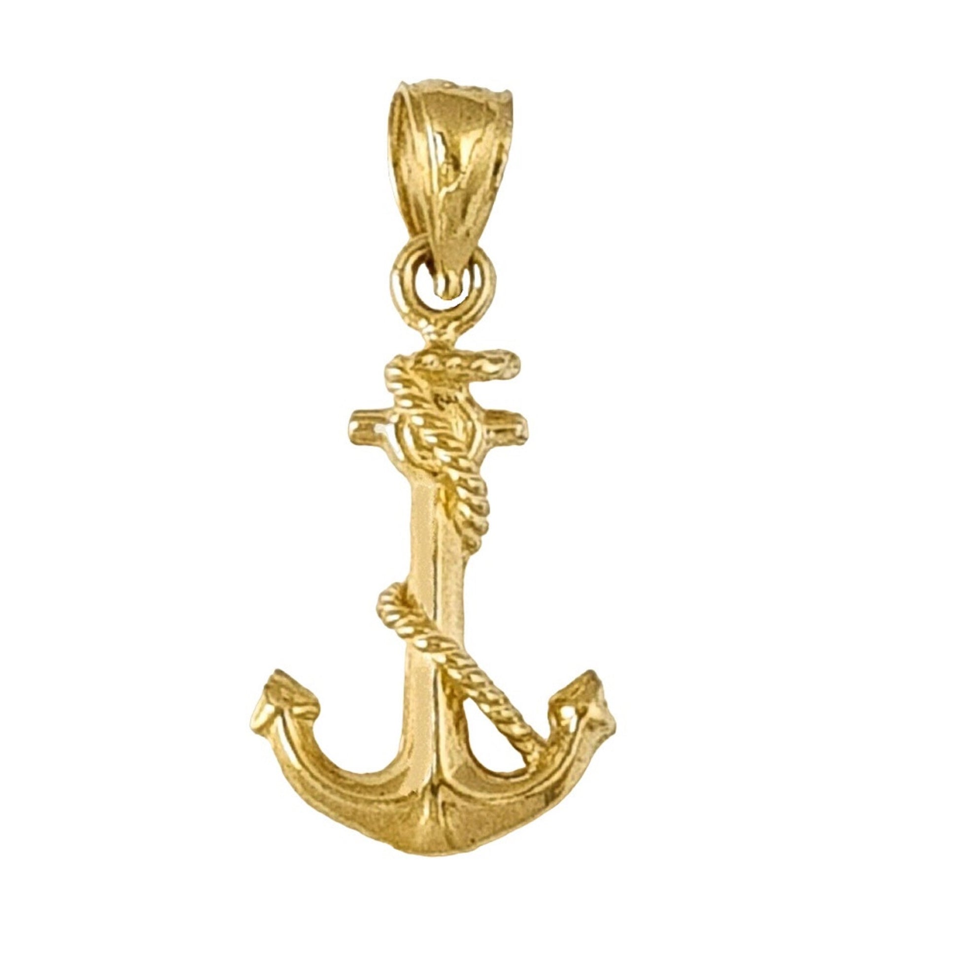 14K Yellow Gold Anchor with Rope 3D Solid Pendant