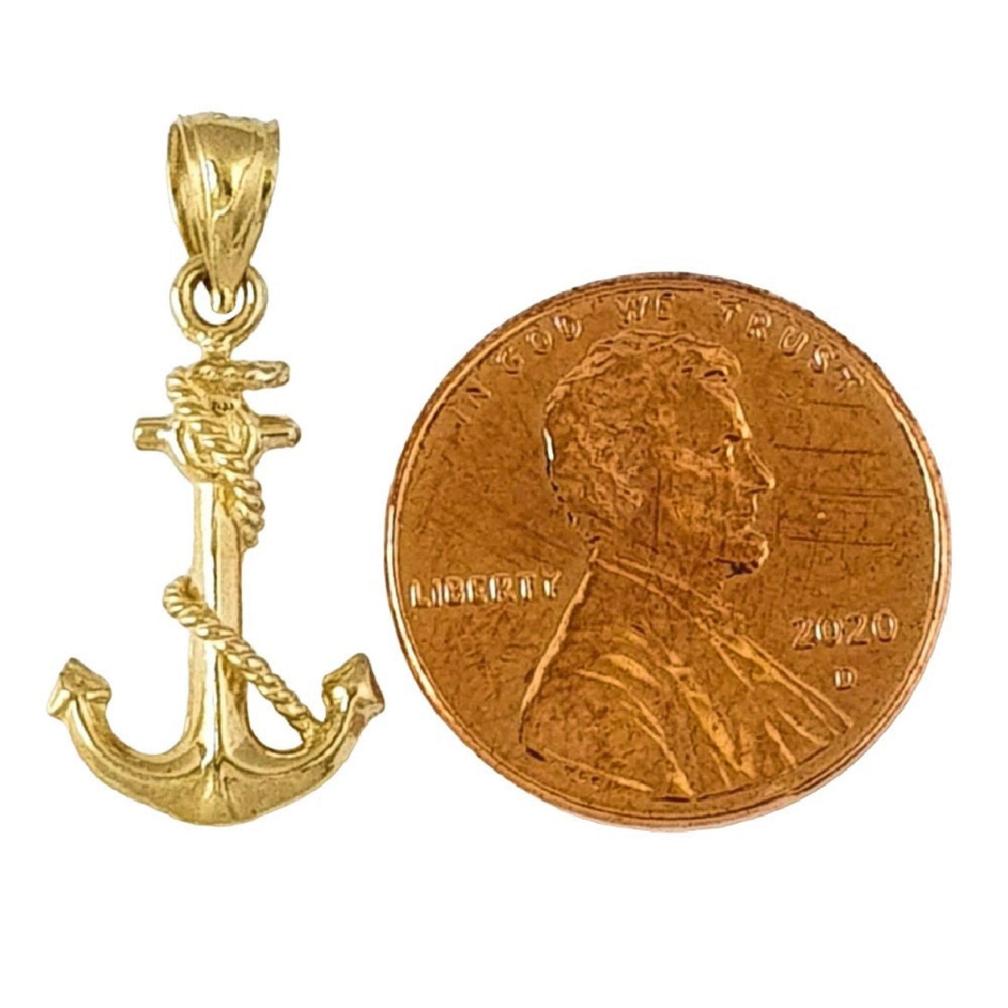 14K Yellow Gold Anchor with Rope 3D Solid Pendant