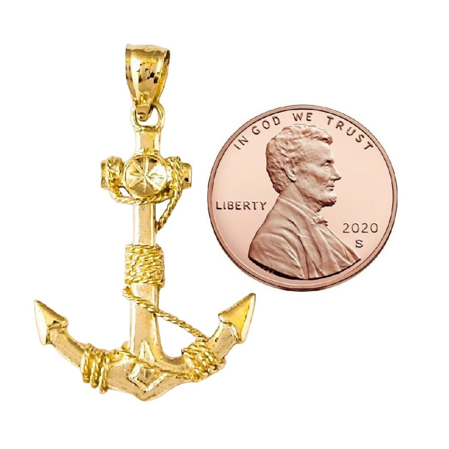 14K Yellow Gold Anchor with Rope 3D (3 Dimensional) Solid Pendant
