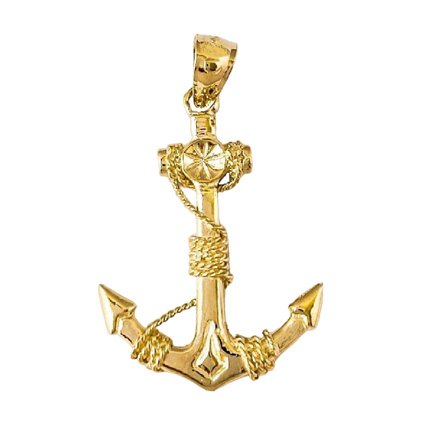 14K Yellow Gold Anchor with Rope 3D (3 Dimensional) Solid Pendant
