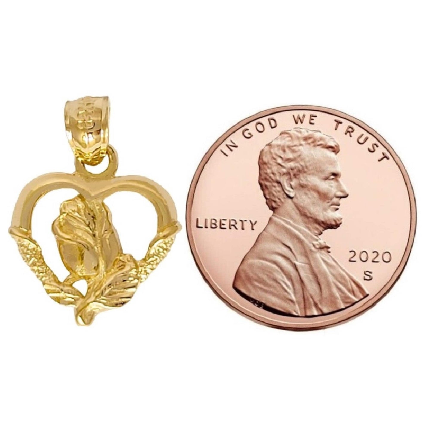 14k Yellow Gold Heart with Rose Pendant
