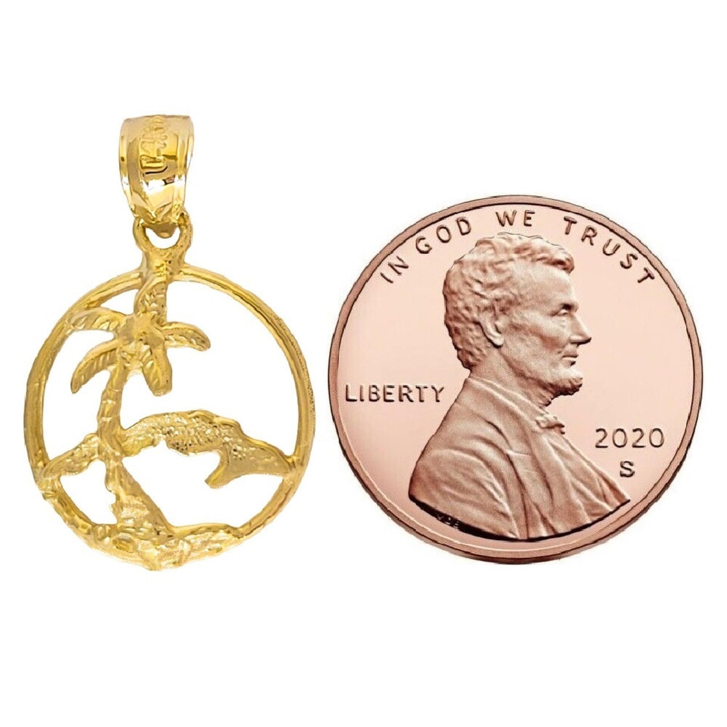 14K Yellow Gold Cuba Island Palm Scene Pendant, Made in USA