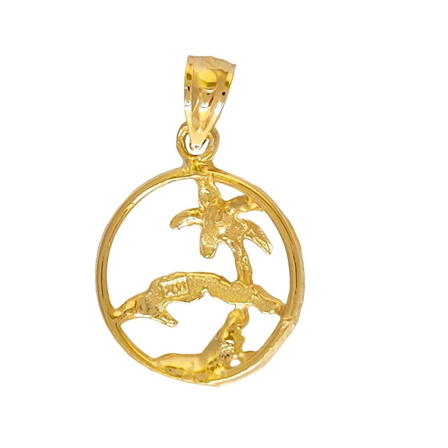 14K Yellow Gold Cuba Island Palm Scene Pendant, Made in USA