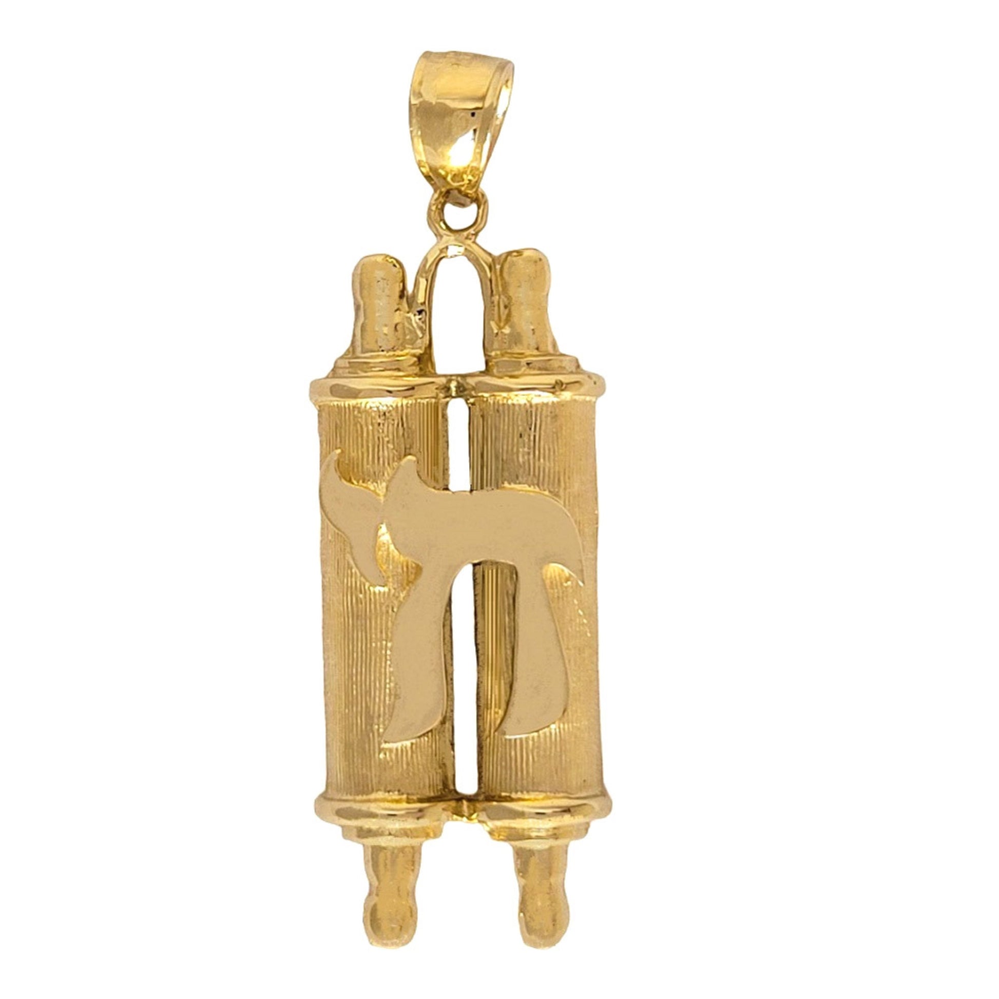 14K Yellow Gold Jewish Mezuzah Torah Scroll with Chai Pendant
